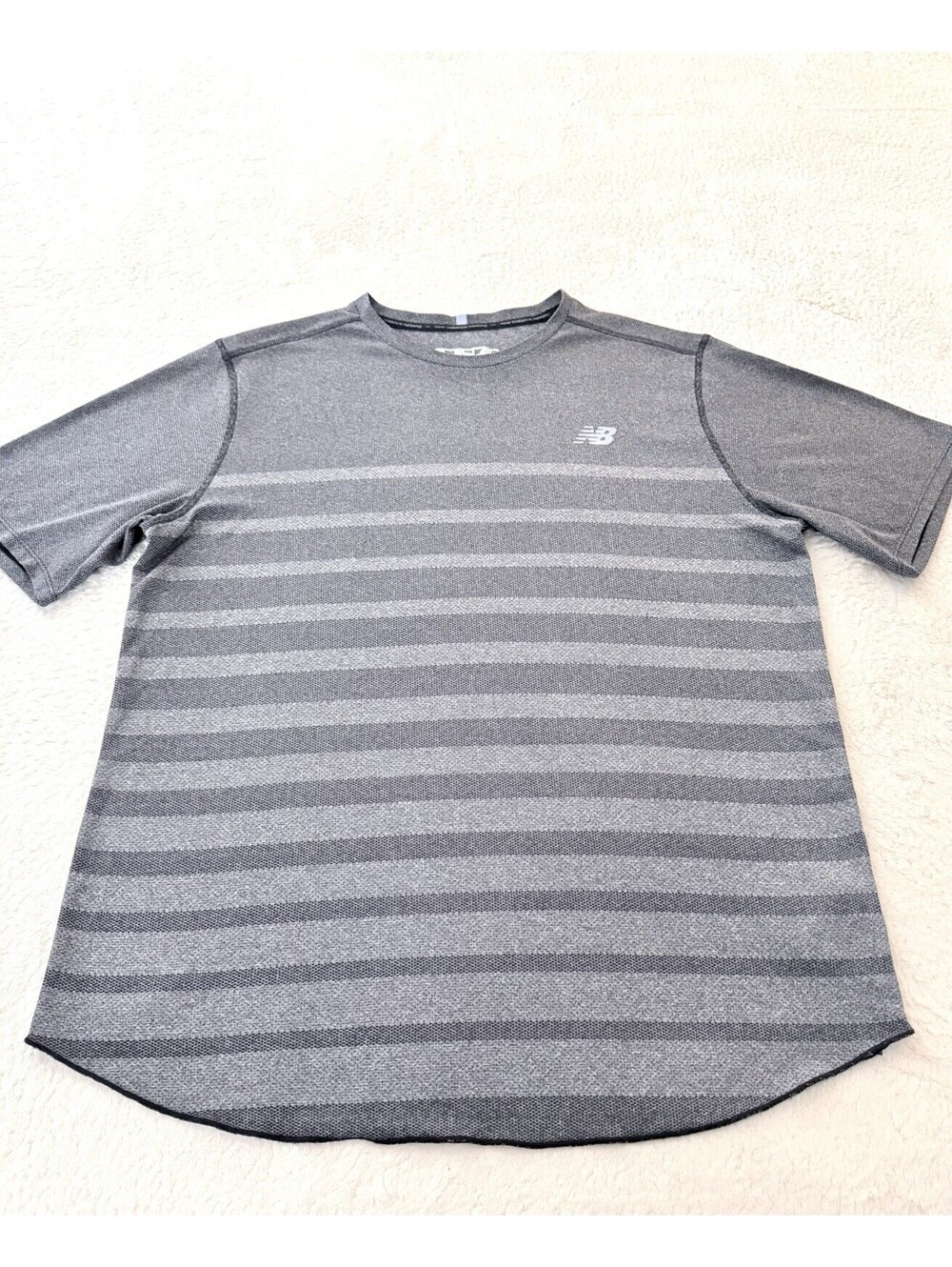 New Balance NB Dry Running Shirt Men’s L Gray Striped Short Sleeve Athletic